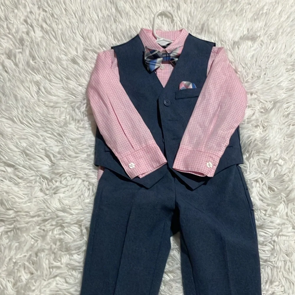 Nautica Kids Pink Shirt with Blue Vest and Bow Tie